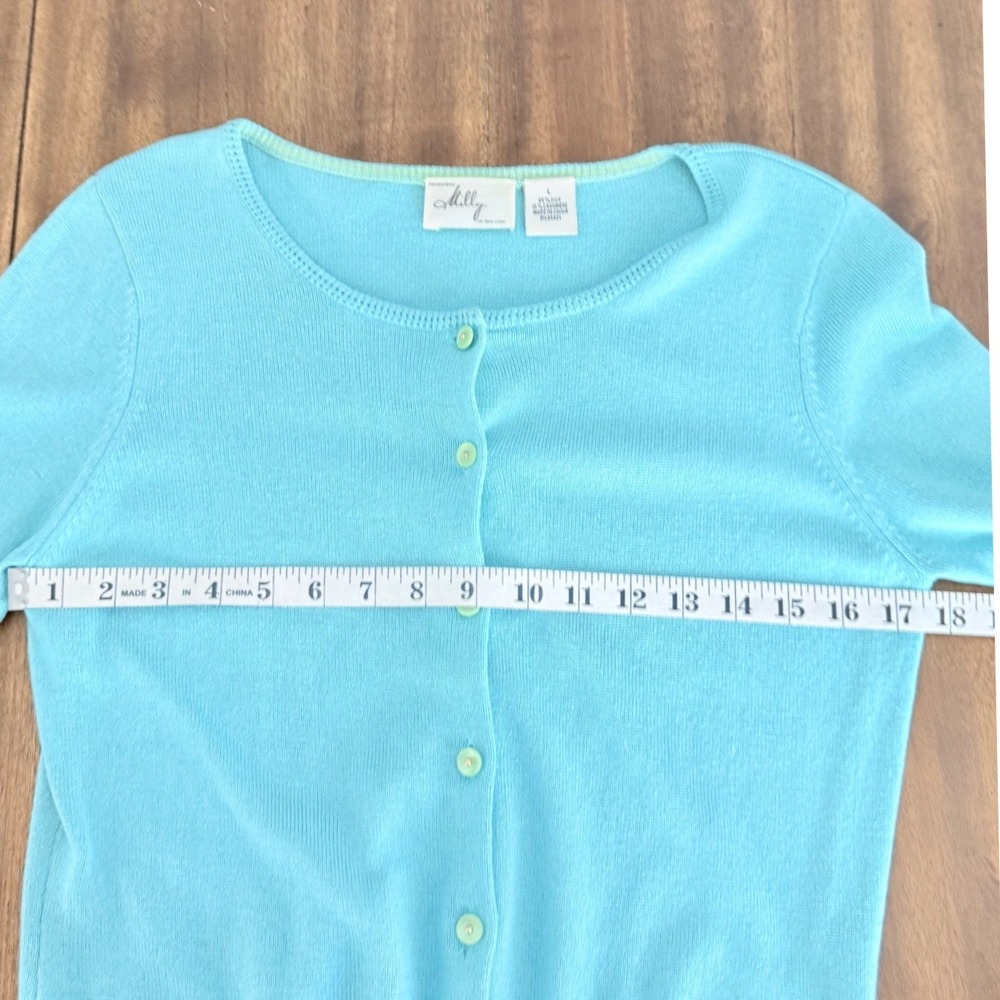 Milly of New‎ York Turquoise Blue Silk Cashmere Cardigan Lime Trim L vintage - Picture 8 of 9